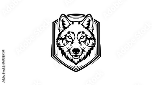A black and white illustration of a wolf's head inside a shield-shaped emblem on a white background