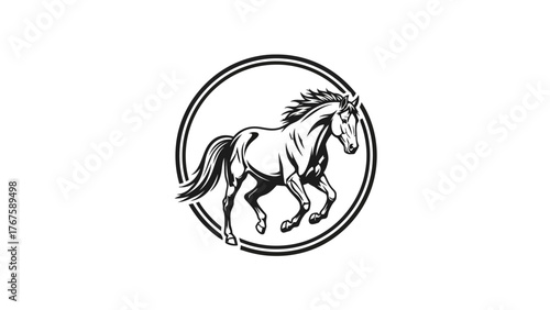 A black and white illustration of a running horse enclosed in a double-lined circle
