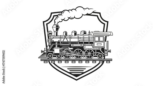 A detailed monochrome illustration of a vintage steam train inside a decorative shield