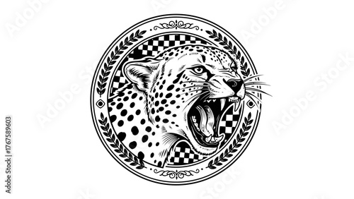 A black and white illustration of a roaring feline, surrounded by an ornate circular frame