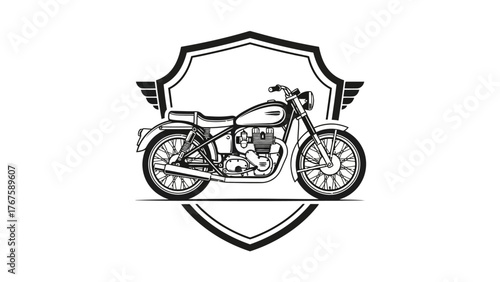 A classic black and white motorcycle inside of a shield with wings on the top sides