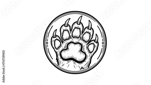 A detailed monochrome drawing, a circular design showcasing a bear's paw print with claws, inside a frame