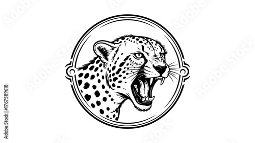 A fierce, black and white illustration of a roaring cheetah head within a decorative circular frame