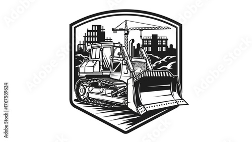 A black and white construction scene featuring a bulldozer, buildings, and a crane within a badge