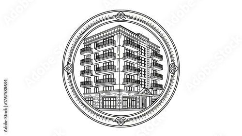 A detailed line drawing of a building with balconies and windows inside an ornate, circular frame