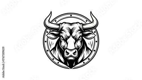 A detailed monochrome bull head design, enclosed within a circular frame with decorative elements