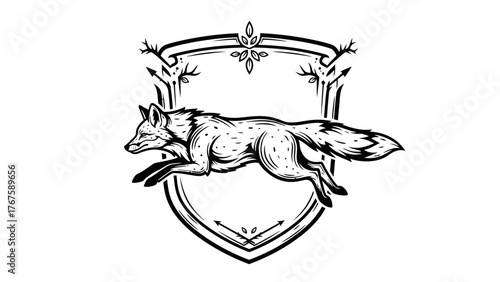 A leaping fox illustration enclosed by a stylized shield and nature-inspired decorative elements