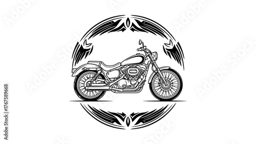 Black and white vector illustration of a motorcycle encircled by decorative graphic elements