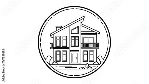 Linear architectural illustration of a modern two-story home, enclosed in a decorative circular frame