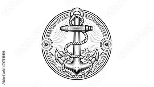 Circular emblem featuring anchor, rope, nautical elements, and decorative design elements