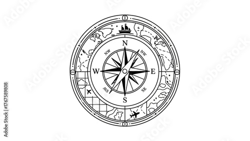 A black and white circular navigational tool with a compass, directions, and illustrations