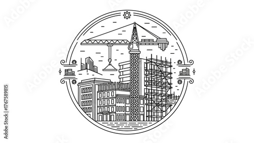 A detailed monochrome construction scene featuring a crane, buildings, scaffolding, and gears, within a circle