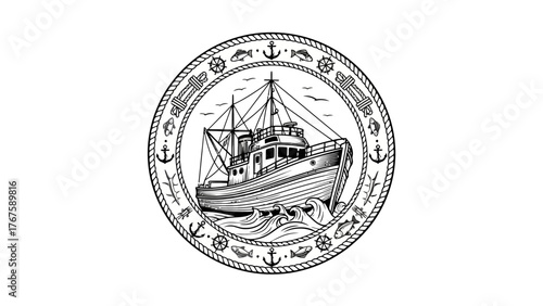 A black and white illustration of a fishing boat in a circular design surrounded by nautical elements