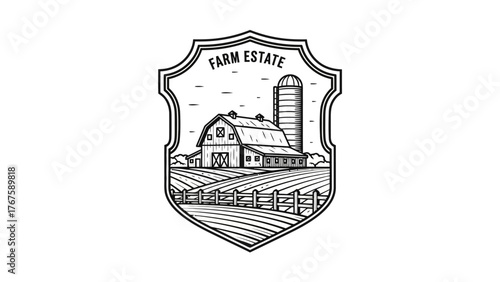 A monochrome illustration of a farm scene inside a crest, showing a barn, silo, and fields