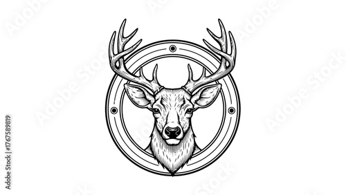 A black and white illustration of a stag's head encircled by a decorative border