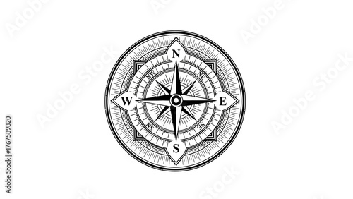 A black and white illustration of a compass rose against a stark white backdrop