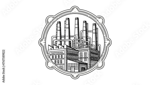 A monochrome illustration of an industrial plant, encircled by an ornate, decorative frame