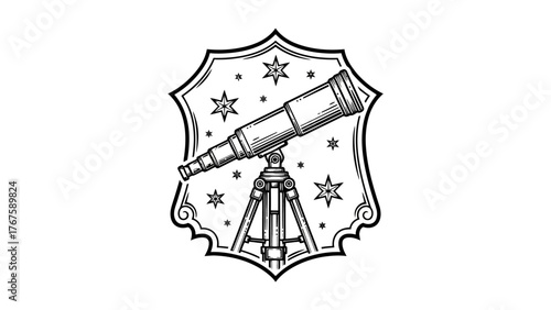 A black and white illustration of a telescope on a tripod, inside a shield with stars