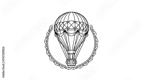 A detailed black and white illustration of a hot air balloon design within an ornate circular frame