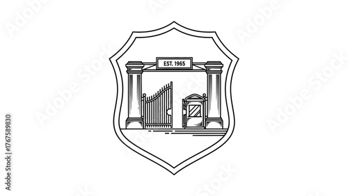 A grayscale line drawing of a shield containing gate with columns, a ticket booth, and text