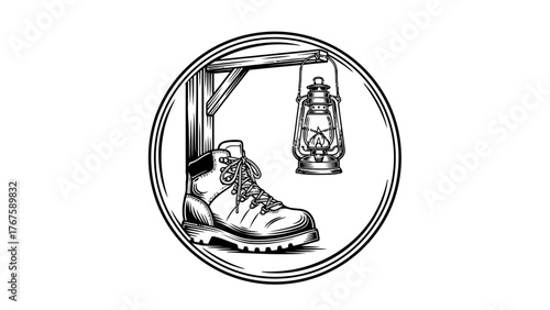 A black and white illustration of a hiking boot, a hanging lantern, and a wooden structure