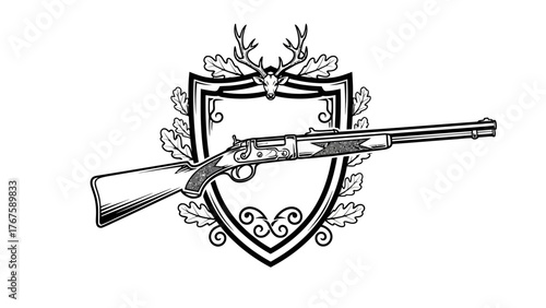 Black and white illustration of a rifle, deer head, oak leaves, and shield