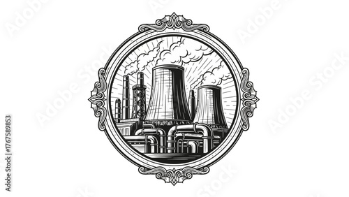 A grayscale illustration of an industrial complex, framed by an ornate border on a white background
