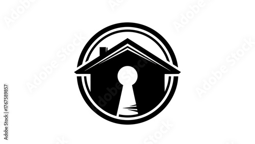 A black and white graphic depicting a house silhouette with a keyhole, encased within a circle