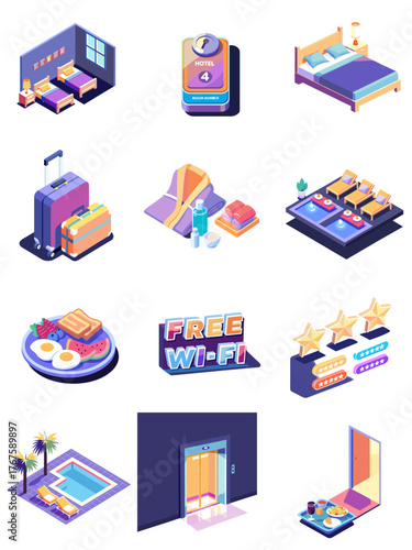 Isometric icons representing hotel amenities and services including beds, luggage, and breakfast items