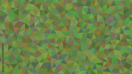 A vibrant abstract pattern composed of numerous small, irregular triangles in varying shades of green, brown, and grey, creating a textured mosaic effect.