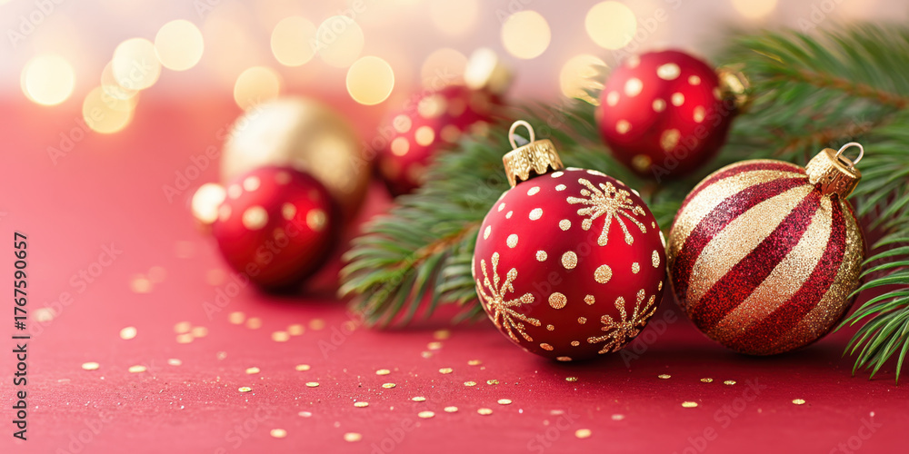 Naklejka premium Red ornament gold ornament evergreen branch holiday decoration festive bokeh Christmas table centerpiece