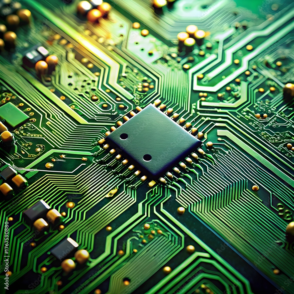 Fototapeta premium Detailed macro view of green printed circuit board with black microchip, gold conductive pathways, and precision-mounted components