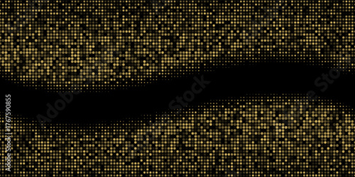 Abstract luxury banner with golden glittering dots on black background. Sparkling glitter bottom border, vector frame. Halftone effect. Magical gold dust