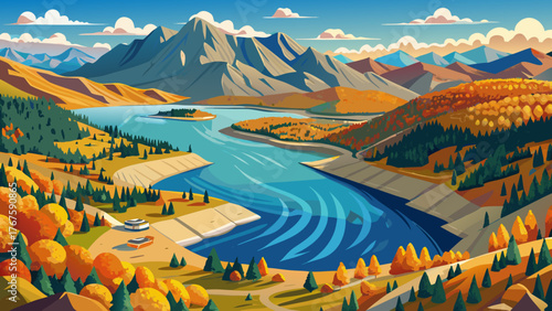 Very beautiful, aerial view of Chatfield Reservoir in Chatfield State Park near Denver, Colorado, USA, during early autumn, showing calm blue waters, golden foliage, and stunning natural landscape.