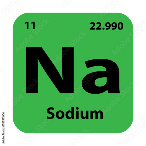 Green icon for Sodium (Natrium), element 'Na', atomic number 11, mass 22.990, essential for chemical education