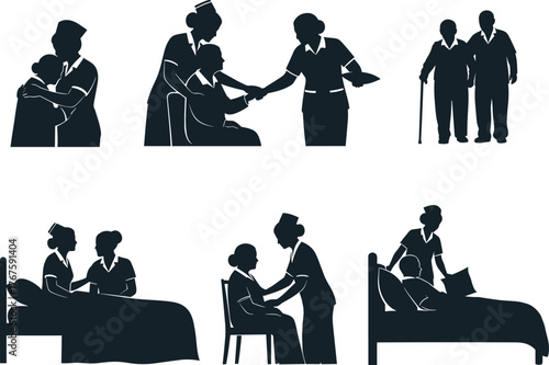 Elderly care silhouette, nurse comforting senior, medical support, caregiving scenes, hospital staff, emotional care, aging assistance, healthcare teamwork, retirement support, compassion