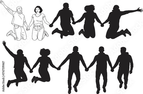 Joyful people holding hands, jumping and walking, silhouette and outline style, teamwork, unity, friendship, celebration, emotional support, human connection, stock illustration