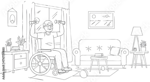 Elderly Man in Wheelchair Exercising with Dumbbells at Home