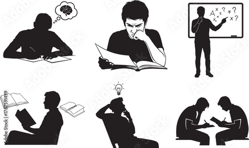 Learning, thinking, reading, teaching, idea generation, collaboration, black and white illustration, education concept, cognitive development, study scenes, stock vector, students