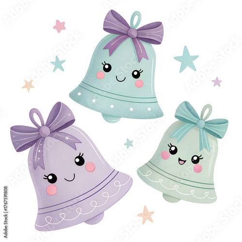 Colorful and cheerful decorative bells with cute faces and bows, perfect for festive occasions and celebrations