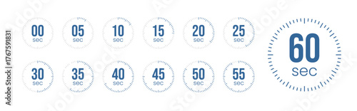 Blue Circular Timer Countdown Icon Set: 0 to 60 Seconds Digital Clock Dial UI/UX Vector. Second Timer, clock, stopwatch, Countdown timer, cooking time icon set. 0, 5, 10, 15, 20, 25, 30, 35, 40, 45, 5