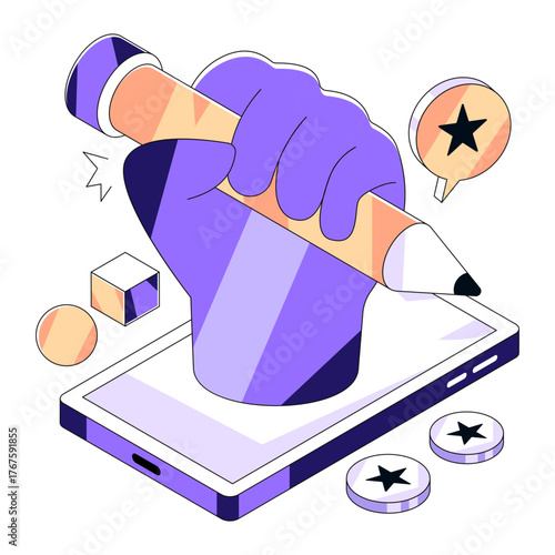 Conceptual isometric design illustration of writing skill