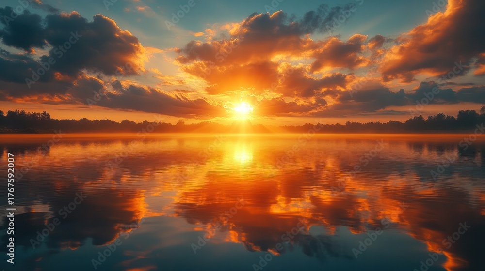 Fototapeta premium Golden Horizon: The radiant sun blazes through clouds above a serene lake, painting the sky with fiery hues and casting a perfect reflection