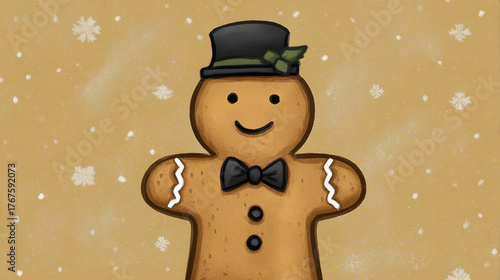 Festive Smiling Gingerbread Man in Hat, Whimsical Illustration for Holiday Celebration. Joyful and Playful Character Design for Children's Books and Decorations
