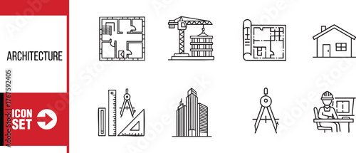 Architecture icon set with construction plan and house