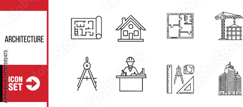 Architecture icon set building design and construction process