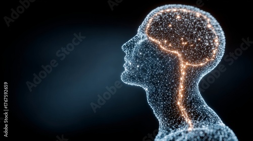 human head silhouette made of glowing circuits and digital particles, artificial intelligence concept, futuristic technology background, blue cyber aesthetic