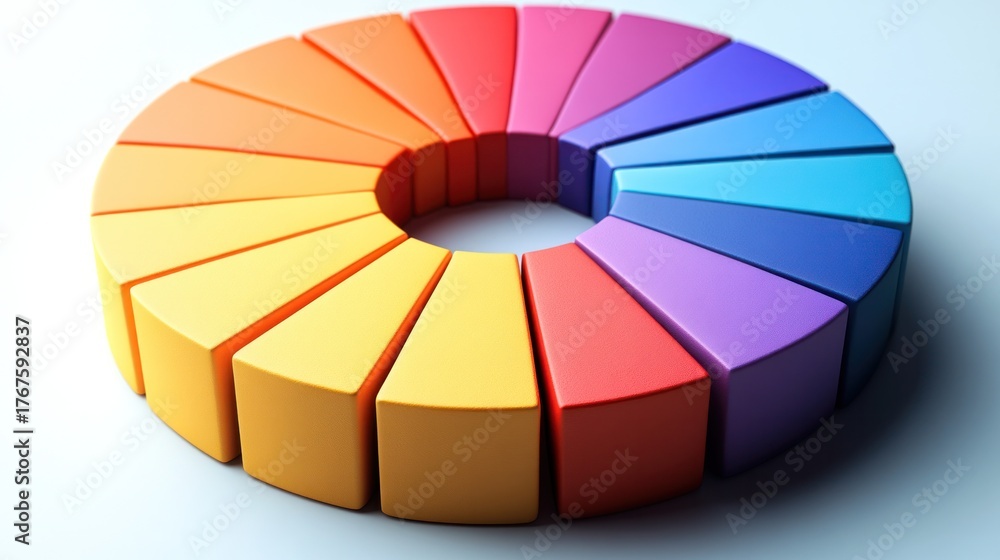 Obraz premium Colorful Spectrum Display: Captivating composition of a circular arrangement of colorful segments, creating a vibrant visual representation of the color spectrum and artistic elements.