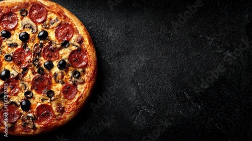 Pepperoni Pizza with Olives and Mushrooms on Black Background with Sparkling Elements