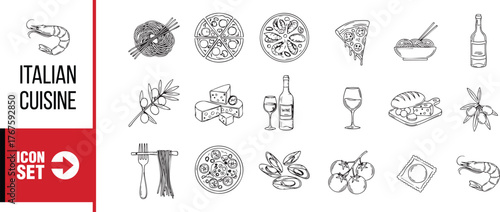 Hand drawn sketch italian cuisine icon set, notebook marker doodle elements